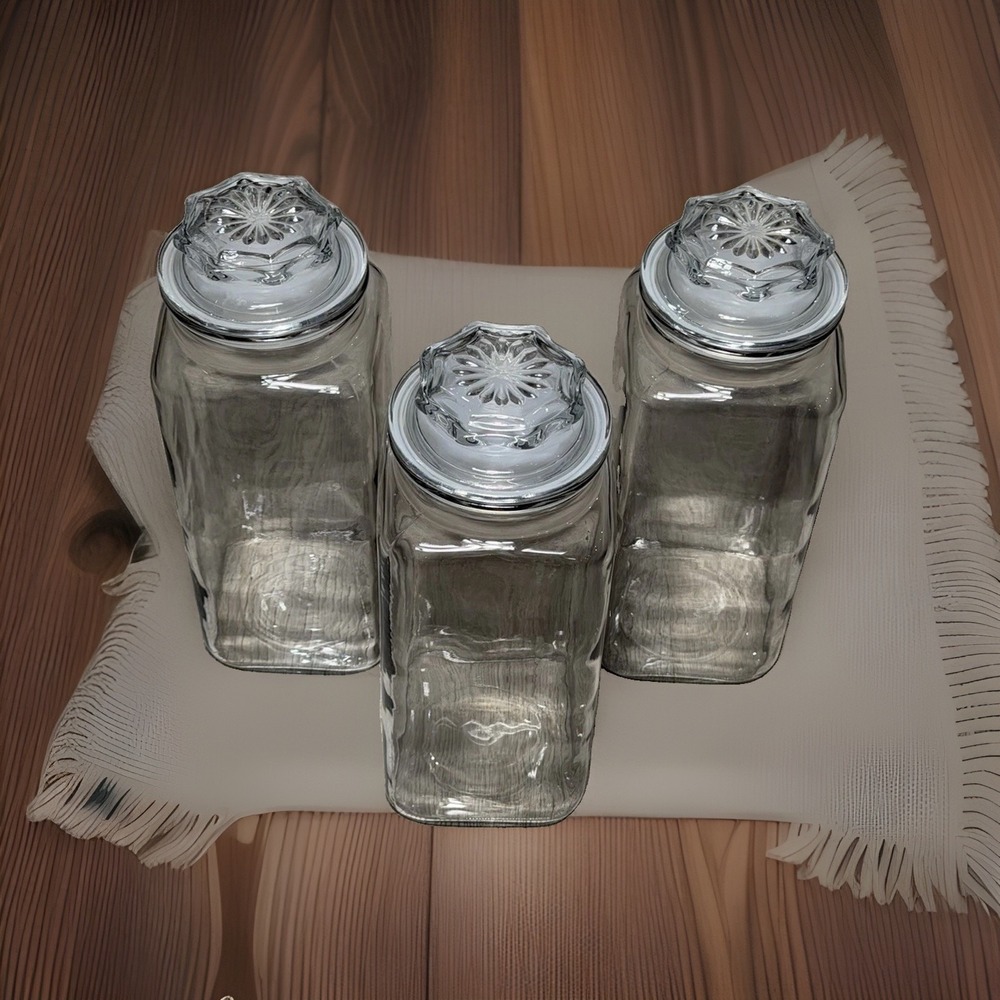 Vintage Anchor Hocking Wexford Set/3 Square Apothecary Jar Canisters Starburst